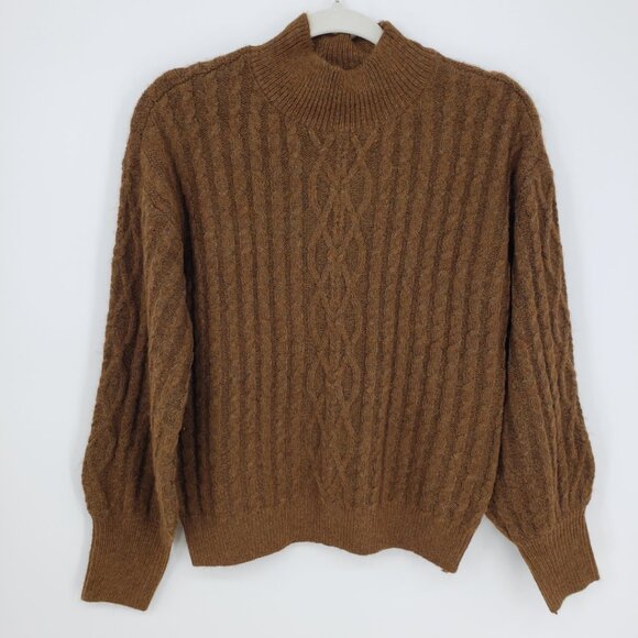 Vince Camuto Cable Knit Mock Neck Sweater XS Balloon Sleeves Toasted Brown - Picture 1 of 8